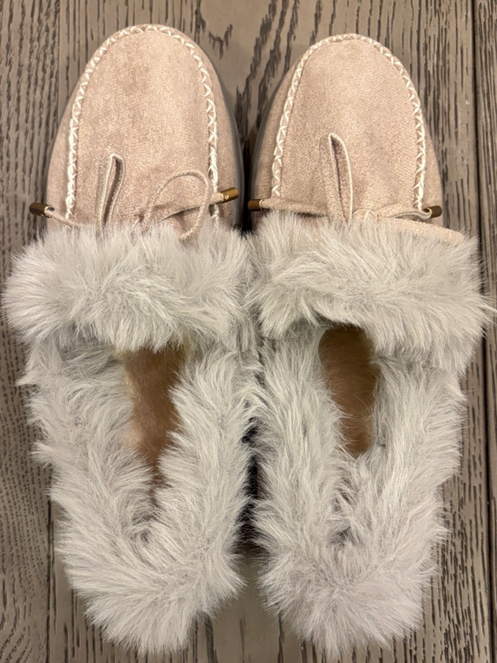 Faux Fur Trim Slip-On Loafers in Light Beige